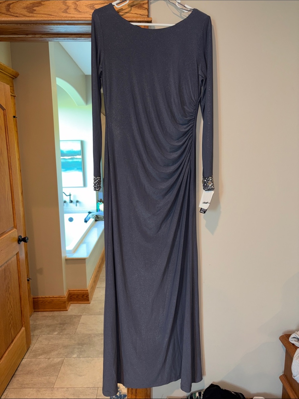 Alex Evenings Long Sleeve Evening Gown in Charcoal
